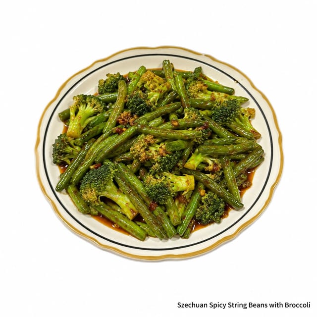 Szechuan Spicy String Beans with Broccoli.