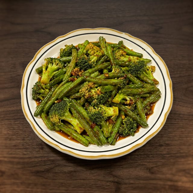 Szechuan Spicy String Beans with Broccoli.